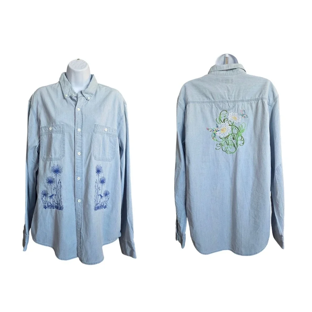 Free‎ Assembly Button Down Shirt Womens L Blue Floral Embroidered Cottagecore